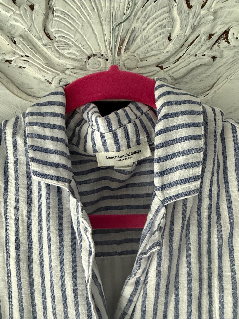 BEACH LUNCH LOUNGE SLEEVELESS 100% Cotton & Linen Blue Stripe ButtoN Dress Med - Picture 4 of 11